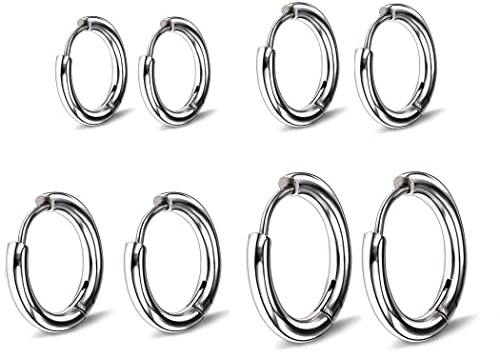 4 paia di orecchini Argento a cerchio per uomini e donne, leggeri, cartilagine, ipoallergenico, 8-14 mm, Acciaio Inossidabile Piccoli