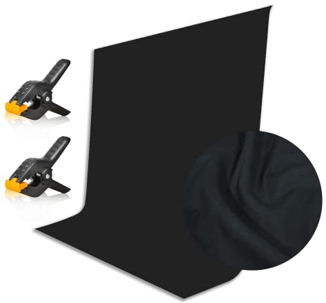 EMART Foto Hintergrund Schwarz, 1,5x2m Fotostudio Schwarzer Fotohintergrund Fotografie Polyester Faltbare mit 2 Federzwingen für Photo Studio, Produkt, Porträt, Modefotografie, Videoaufnahme