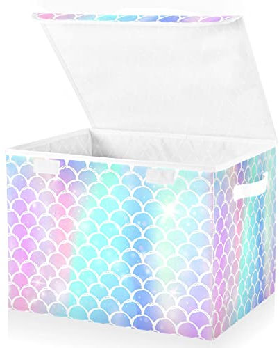 Mnsruu Storage Boxes with Lids, Rainbow Scales Mermaid Princess Large Storage Basket Organizer Shelves Cube Bin Toy Clothes Underbed