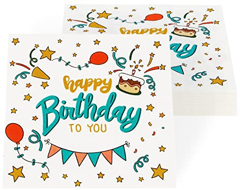 PARTY GO 40 Stück Happy Birthday Servietten, buntes Papierbesteck für Kindergeburtstag 33 * 33CM