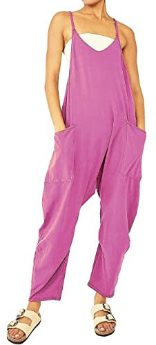 Sawmew Overall Damen Sommer Baggy Jumpsuit Festlich Latzhose Arbeitshose Mit Taschen Arbeitslatzhose Jumper Einfarbiger Latzhosen (Color : Dark pink, Size : 3XL)