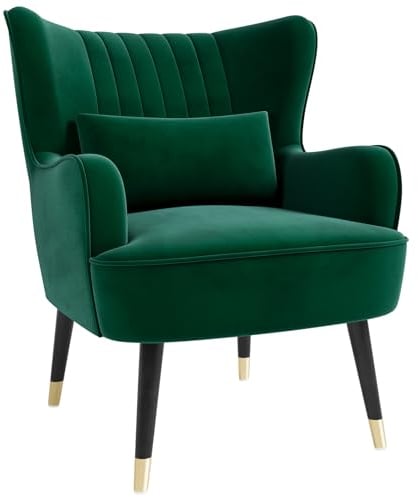 Vesgantti Velvet Accent Chair with Lumbar Pillow, Modern Wing Back Armchair Lounge Chair, Large Occasional Chair for Living Room Bedroom Study Room Office(Green)
