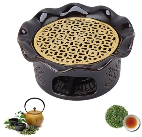 WOOXGEHM Keramik Teekannenwärmer Set, Japanische Keramik Thermokanne mit Teelichthalter, Ausgehöhltes Design mit Gedrehtem Rand, für Teekanne und Teedose (Schwarz Kupfer Braun)