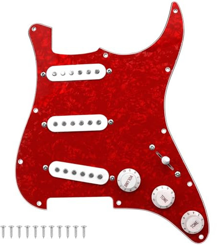 Yootones Pickguard à 11 trous 3 plis SSS pré-câblé avec micros à bobine simple, compatible avec guitare électrique Stratocaster Squier américaine/mexicaine (rouge perle)