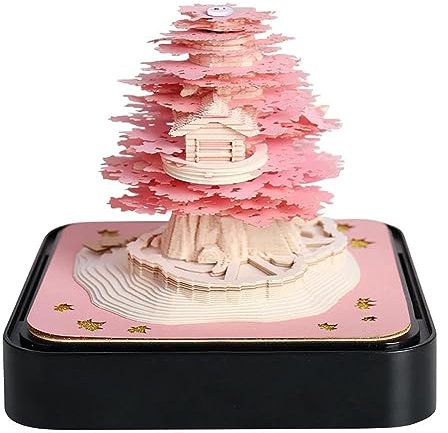 Sakura Baum Schreibtischkalender, 2024 3D Kalender 3D Memo Pad Papier Kreative Schreibtisch Kalender Post Notizen Notizblock Papier Kunst Tempel 3D Kunst Kalender Papier Schnitzen Geschenk (Rosa)