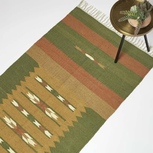 Homescapes Lundi Green Teppichläufer Jute Baumwolle orange-grün 80x180 cm, Fransen-Teppich handgewebt, Kelim Läufer geometrisch