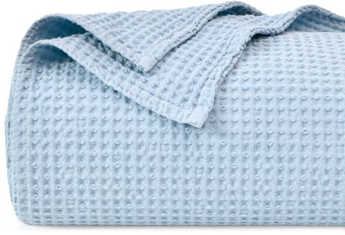 PHF - Couverture 100 % coton gaufré SuperKing 230 x 270 cm, Couverture légère et respirante pré-lavée, Certifiée Oeko-TEX pour lit canapé sofa, Décoration de la maison, Bleu ciel