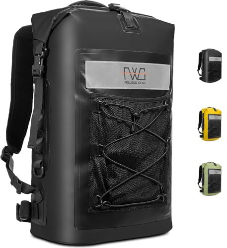 FEIWOOD GEAR Dry Bag Rucksack, 40 l, schwimmend, wasserdicht, Roll-Top-Verschluss für Kajakfahren, Bootfahren, Wandern, Camping, Schwarz, 40L, Rucksack