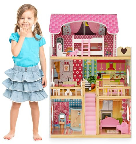 COSTWAY Maison de Poupée en Bois à 3 Etages avec 6 Pièces et 15 Meubles, Maison de Rêve Rose avec Autocollants & Motifs Mignons, Jeu d’Imitation pour Enfants de 3 Ans+, 59 x 30 x 91 cm