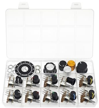 (Paquet de 10) WH148 Vertikales Zweifach-Potentiometer, auswärts gebogen, 6 Stifte Potentiometer B500K 500K Ohm Variable Widerstände 15mm gerändelte Welle Aluminiumlegierung Knopfkappen