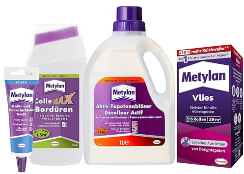 Metylan Vlies, Tapetenkleister (1x180g) & Metylan Bordüren Klebstoff (1x250g) & Metylan Naht- und Reparaturkleber (1x60g) & Metylan Tapetenablöser Aktiv-Konzentrat (1x 1l)