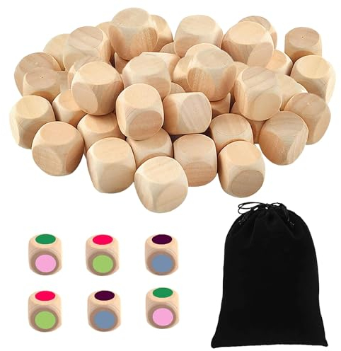 GUOYOU 50 Pezzi Dadi in Legno, 20 mm Cubi Vuoti Fai da Te, Grezzo Con Sacchetti Velluto, per Artigianato e Props per Giochi da Tavolo
