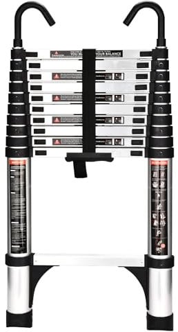 HBTower 3,2m Teleskopleiter Aluminium mit Haken, Leichte Ausziehleiter, Leiter Ausziehbar, klappbare Leiter für Dachböden, Caravans, 150kg Tragfähigkeit, Silber