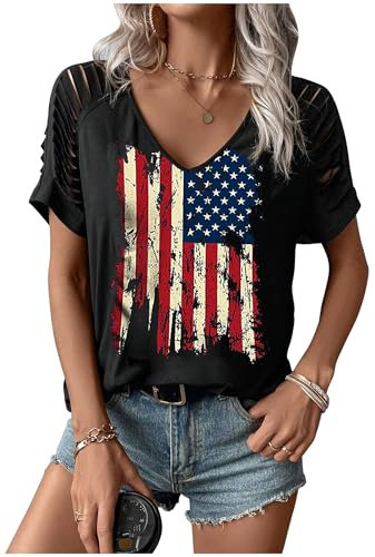 T-Shirt mit amerikanischer Flagge, schulterfrei, für Damen, 4. Juli, geschnürte Ärmel, Bluse, USA, patriotische Grafik, Rock-T-Shirt, Schwarzer Schnitt, Large