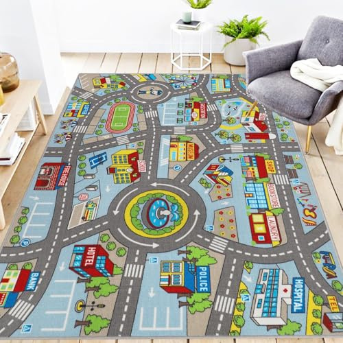 Capslpad Auto-Spielmatte, 150 x 200 cm, rutschfest, Kinderteppich, Stadtkarte, interaktiver Spielteppich, maschinenwaschbar, kreativ, pädagogisch, Jungen, Mädchen, Spielmatte für Jugendzimmer