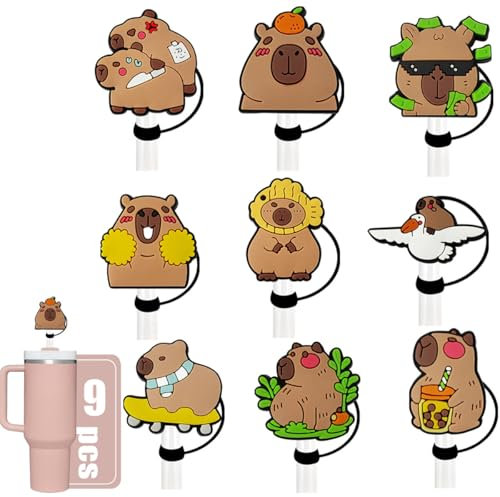 MENGSOOD Straw Cover Cap for Stanley Cup,Cartoon Animal Reusable Silicone Straw Topper Compatible with Stanley 30&40 Oz Tumbler with Handle Drinking Straw Tip Covers for Stanley (9pcs Capybara)