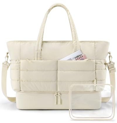 BAGSMART Puffer Reisetasche Groß 38l Sporttasche Damen Mit Schuhfach, Weekender Damen kliniktasche geburt Wasserabweisend HandgepäCk Tasche, 47*21*39cm Weiches Dickes StrapazierfäHiges Taslon, Beige