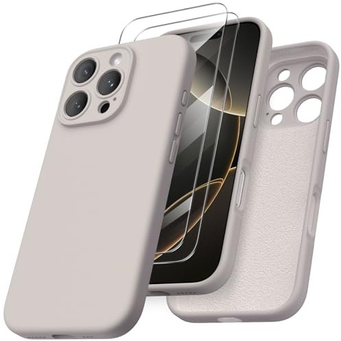 ORNARTO Compatible with iPhone 16 Pro Case 6.3 inch, with 2 x Screen Protector Liquid Silicone Gel Rubber Cover [Full Body] Shockproof Protective iPhone Case for iPhone 16 Pro-Natural Titanium