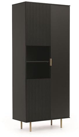 BETTSO - Regal Schwarz - Regal mit Schubladen - 80cm breit, 190cm hoch - Hohe goldene Beine und Griffe, dekorative Rillen - Highboard, Wohznimmer Kommode - Hochkommode für Wohnzimmer, Schlafzimmer