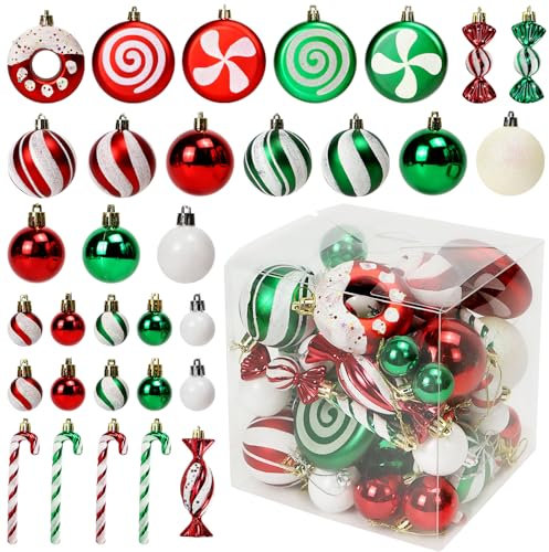 60Pcs Christmas Ornaments Set, Candy Cane Decorative Hanging Ornaments, Shatterproof Balls for Indoor & Outdoor Xmas Tree Wreath Holiday Party Home Decor (Red White Green)