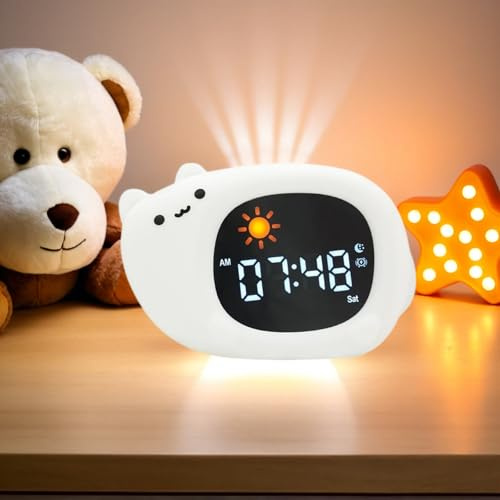 xinjinhju Wecker Nachtlicht mit 9 Lichtfarben und 6 Weißen Geräuschen, Digitaluhr zum Schlaftraining, Helligkeit und Ton Einstellbar, Geschenke für Kinder – Katze