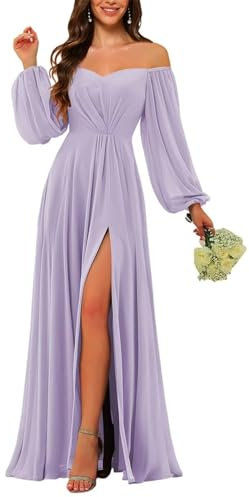 HPPEE Langärmeliges Brautjungfernkleid für Damen mit Ärmeln, Chiffon, schulterfrei, formelles Partykleid, Flieder, 32