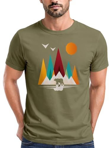 Neverless® Herren T-Shirt Berge Bär Natur Polygon Outdoor Printshirt Aufdruck Wandern Männer Fashion Streetstyle