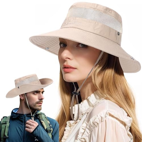 Sonnenhut für Männer Frauen Sommer breite Krempe Mesh Safari Hut UV-Schutz Eimer Hüte Wasserdicht & Atmungsaktiv Angeln Boonie Hüte für Wandern (DE/NL/SE/PL, Alphanumerisch, Einheitsgröße, Beige)