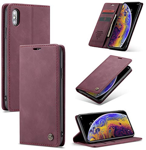 owlhold für iPhone X hülle/iPhone XS hülle klapphülle Premium Lederhülle Faltbare Ständer Weiches Vintage Handytasch Schutzhülle Kartenfach Standfunktion Handyhülle für iPhone X/iPhone XS - Weinrot