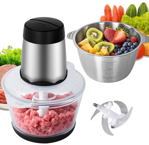 Hoapin Hachoir Électrique, Mixeur hachoir 300W 2 Vitesses, 2L Bol en acier inoxydable + 2L bol en verre, Hachoir a Viande pour Viande, Fruits et Légumes