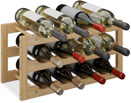 Relaxdays Weinregal, für Weinflaschen, Flaschenregal, 12 Flaschen, HxBxT: 28 x 56 x 24 cm, aus Bambus, Weinhalter, natur