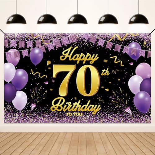 Koliphy 70. Geburtstag Banner, 70. Geburtstagsdeko für Mann Frau, Happy Birthday Banner Stoff Deko Geburtstagsbanner Hintergrund Party Dekoration Drinnen und Draußen (Schwarz Lila)