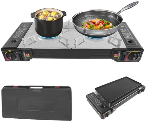 Réchaud de camping à gaz portable 2 feux, avec 2 brûleurs pour bouteille, camping, barbecue, 2,5 kW, puissance 2,5 kW, avec plancha grill et mallette de transport