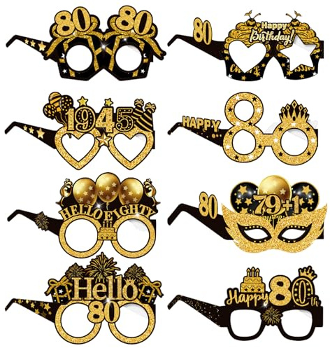 COLANANA Birthday Party Glasses Decoration,80th Birthday Party Decorations,8 Pieces Funny Paper Birthday Eyeglasses Deco,Birthday Photo Booth Props Supplies for Women Men