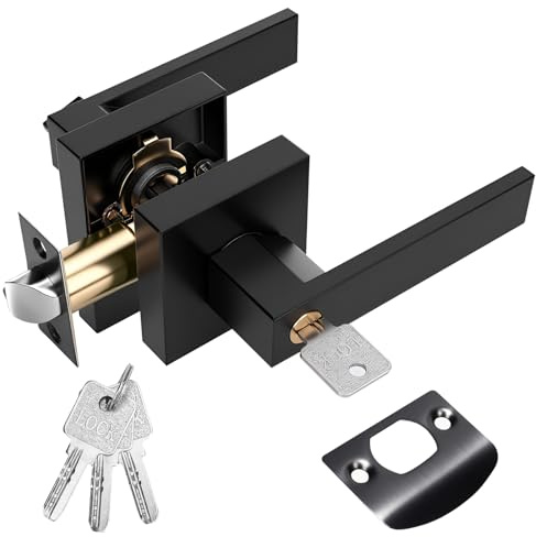 MEKOTRIN 1 Pack Door Lever Handle Lock, Interior Door Handle with Lock Key | Square Entry Door Handle Set for Bedroom Office Aluminum Alloy Matte Black Door Knob Left or Right Handing
