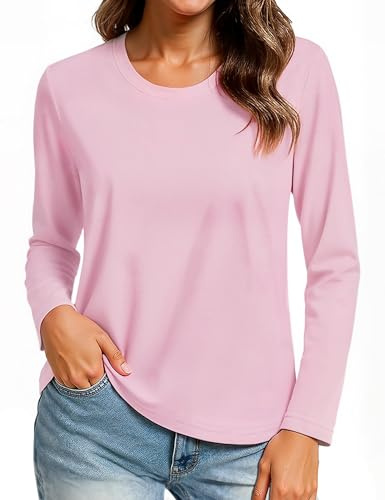 TACVASEN T-shirt à manches longues en coton pour femme - Col rond | T-shirt à manches longues en coton pour femme, col rond, coupe régulière, respirant, confortable