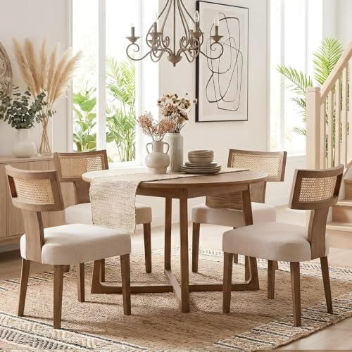 chairus Esszimmerstühle Holz Vintage Rattan Rückenlehne 4er Set Beige | Holzgestell, Vintage-Design, Rattan-Rückenlehne, gepolstert, Seitenstühle, für Esszimmer, Wohnzimmer, Küche