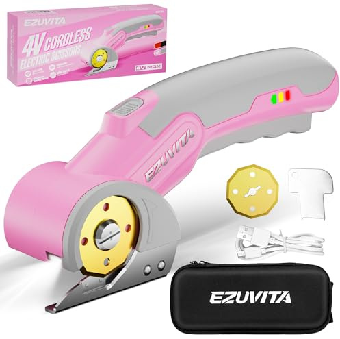 EZUVITA 4V Akku-Elektroschere mit LED-Licht, Kartonschneider mit Schraubenschlüssel, Aufbewahrungstasche und titanbeschichteter Ersatzklinge für Stoff, Leder, Teppich und Kunststoff (Rosa)