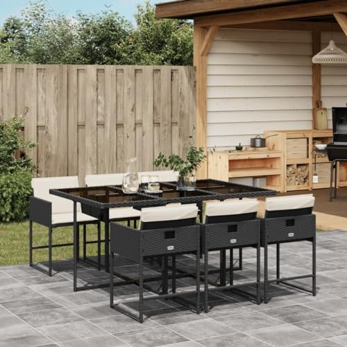 QJBSAVVA 7-TLG. Gartenmöbel Set Schwarz 165×106×73 cm Poly-Rattan mit klappbaren Stühlen & gepolsterten Kissen Moderne Esstischgruppe für Balkon Terrasse und Garten