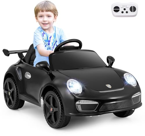 COSTWAY Kinder Elektroauto Porsche, 12V Kinderauto elektisch mit Fernbedienung, mit Musik, LED-Lichtern, Hupe & 2 Geschwindigkeiten, Elektrofahrzeug für Jungen und Mädchen ab 3 Jahren (Schwarz)