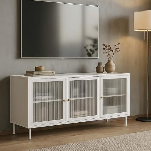 Mobile TV HWC-O87, mobile basso televisione ante vani portaoggetti stile industriale metallo vetro 58x120x40cm - bianco