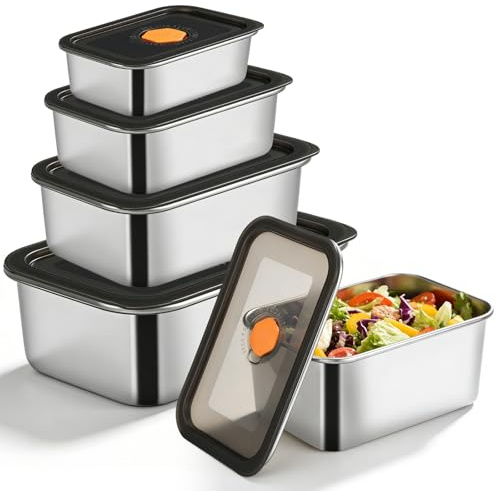GOMETY 4 contenitori salvafreschezza con coperchio, in acciaio inox, impilabili ermeticamente, per frigorifero, cucina, ristorante (1000 ml+2000 ml+3000 ml+4300 ml)
