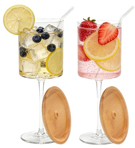 Imourari 2er Set Weingläser mit Charcuterie Topper Holz & Trinkhalm, 400ml