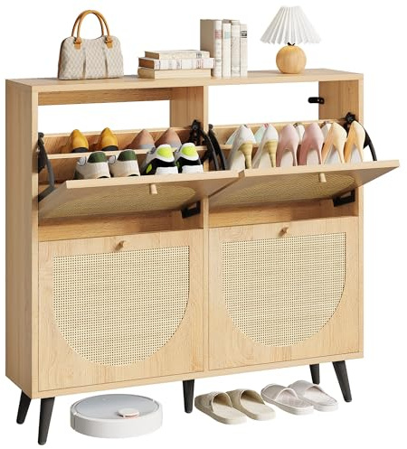 IRONCK Shoe Cabinet Rattan with 4 Flip Drawers, Slim Shoe Storage Unit | Adjustable Shelves, Wooden Shoe Rack Cabinet Freestanding Cupboard Organizer for Entryway Hallway Living Room 100x24x95cm