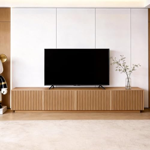 Tv unit-Modern TV Cabinet, Mid-Century TV Stand with Storage, Walnut TV Unit for 75, 85, and 100 Inch Televisions, Media Console for Living Room & Bedroom (220 cm (Full Slat Floor-Standing Model))