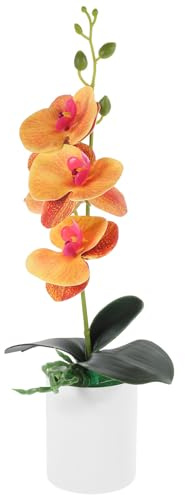EXAOMBLE Artificial Potted Orchid Flower in Plastic Vase Orange Simulation Plant for Garden Table Ornament
