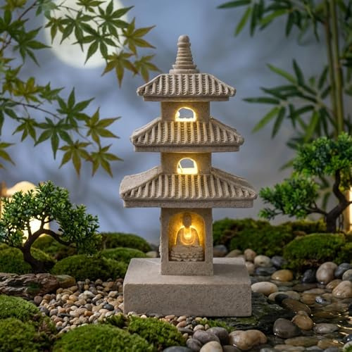 Bemonew Japanische Laterne, Pagode, Gartenstatue, 25,4 cm, wetterfest, Solar-Gartendekoration, LED-Licht, Zen, japanische Laterne für Hinterhof, Balkon, Terrasse, Rasen, Hof, Khaki
