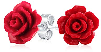 Orecchini A Perno In Argento Placcato Con Fiore Di Rosa Rossa Intagliato In 3D Romantici Delicati E Fioriti Per Donne Adolescenti E Madri