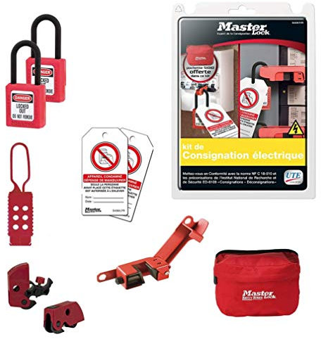 Master Lock ELECKIT-FR Kit de Consignation Electrique Contenant Cadenas Diélectriques, Bloques Disjoncteur, Etiquettes Défense de Manœuvrer, Crochet