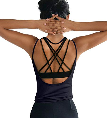 OYANUS Débardeur d'entraînement pour femme, haut de yoga sexy à dos ouvert, vêtements de sport actifs pour la course, la gym et le fitness, bleu marine, Taille M